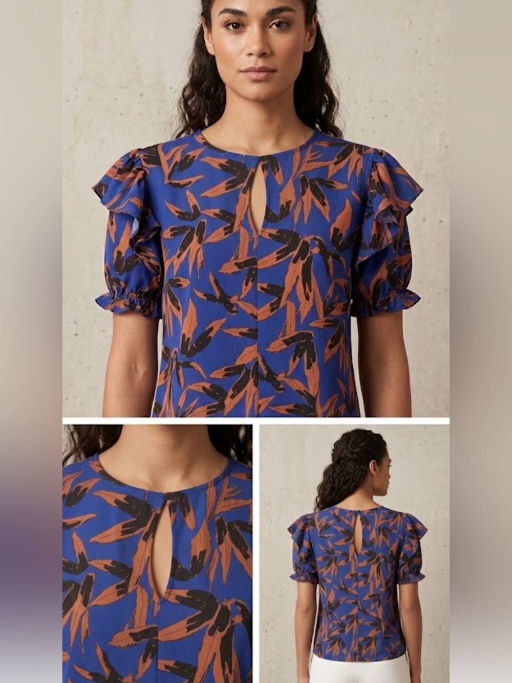 🇪🇸🐠 Walter Baker Bold Leaf Print Ruffle Sleeve Keyhole Blouse XS Blue Orange